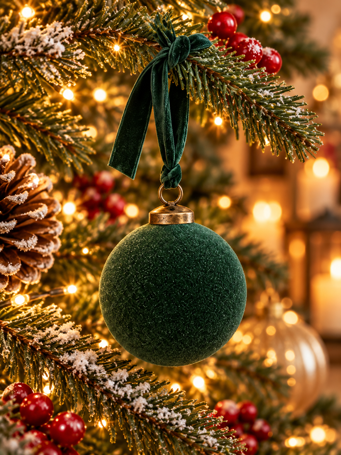 3-Inch Emerald Velvet-Flocked Glass Christmas Ball Ornament - image 3